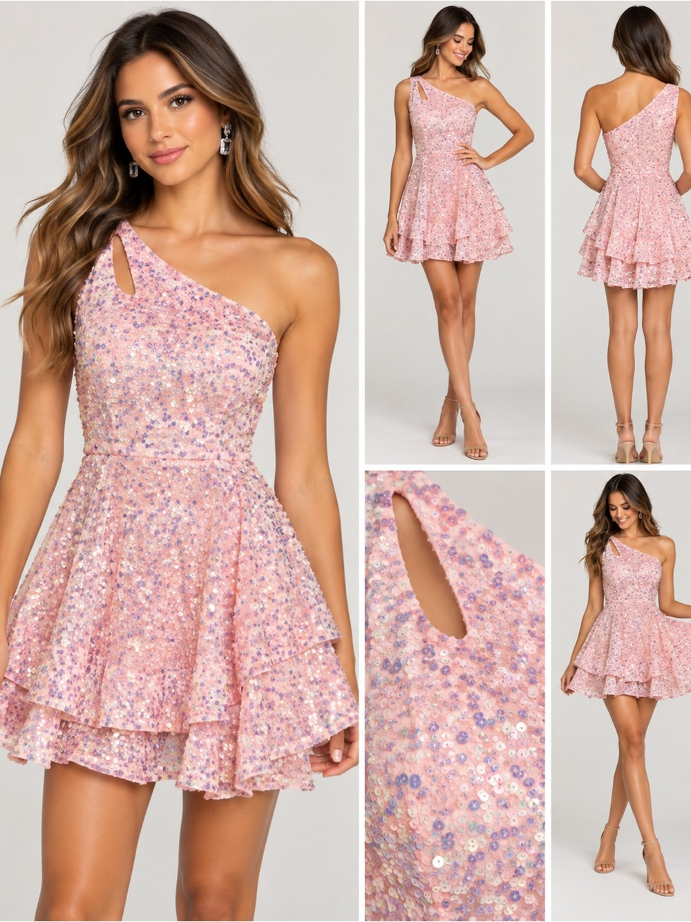 Pink Iridescent Sequin One Shoulder Ruffle Mini Dress Size 4 NWT